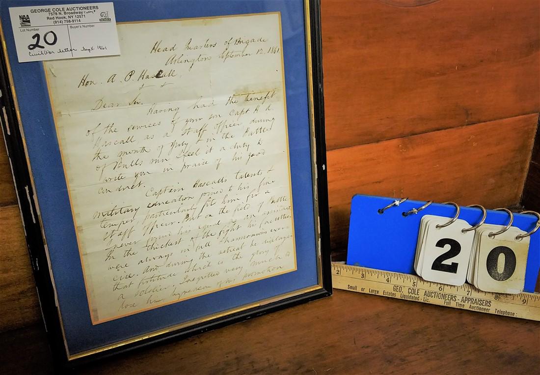 FRAMED CIVIL WAR LETTER, ARLINGTON, SEPT. 12, 1861 BY (1 of 3)