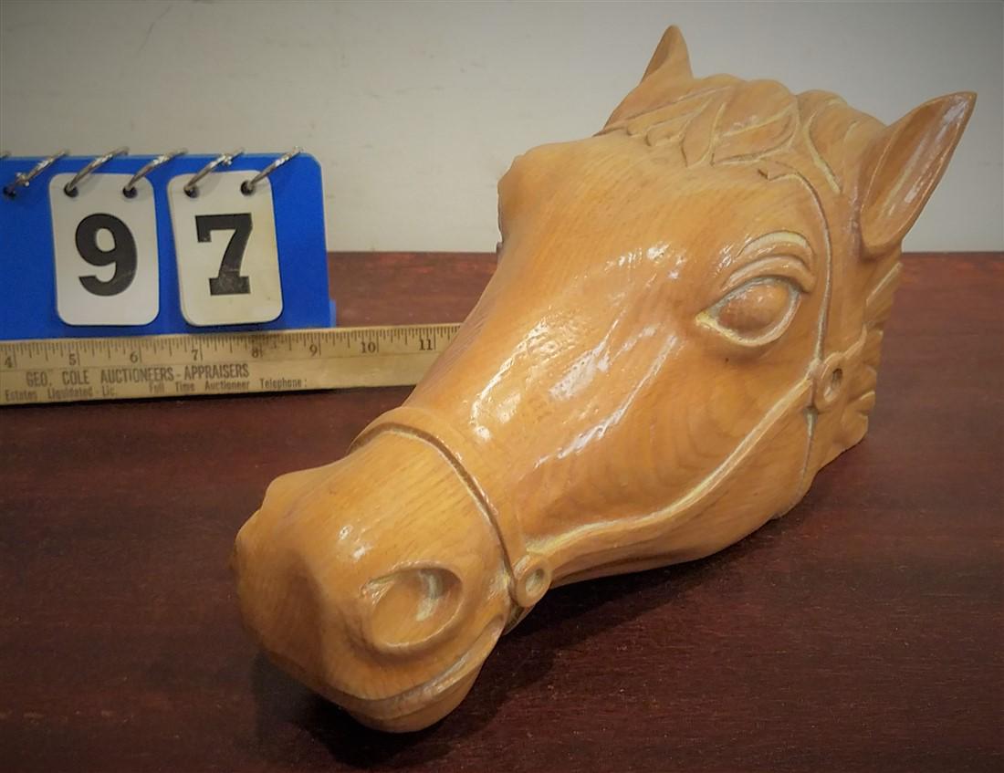CARVED OAK HORSE HEAD SGND. RED, 6"H X 11.5"L X 5"W (1 of 3)