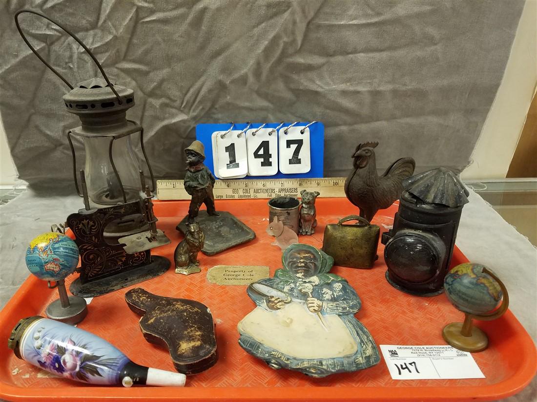 TRAY INTERESTING SMALLS- MINI DIETZ SCOUT LANTERN, SM: TRAY INTERESTING SMALLS- MINI DIETZ SCOUT LANTERN, SM TOLE LANTERN, AUSTRIAN BRASS BLACK BOY NODDER ASH TRAY, POTTERY MAMMY SPOON REST, TOY SEWING MACHINE, CAST IRON ROOSTER STILL BANK ETC