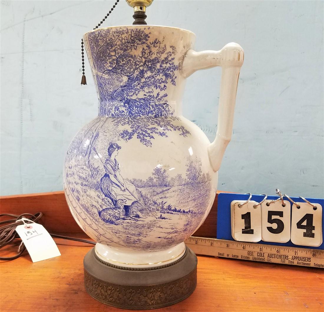 IRONSTONE TRANSFER PITCHER LAMP: IRONSTONE TRANSFER PITCHER LAMP