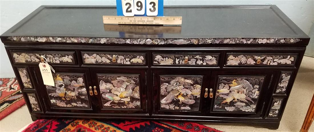 KOREAN BLACK LACQUER 4 DRAWER OVER 4 DOOR INLAY CHEST: KOREAN BLACK LACQUER 4 DRAWER OVER 4 DOOR INLAY CHEST 16"H X 42"W X 14 1/2"D