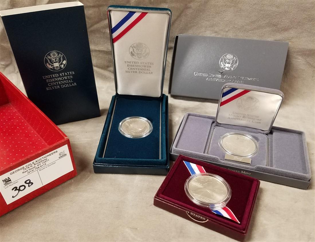 LOT 3 US MINT SILVER DOLLARS 1991 MT RUSHMORE, 1992 (1 of 2)