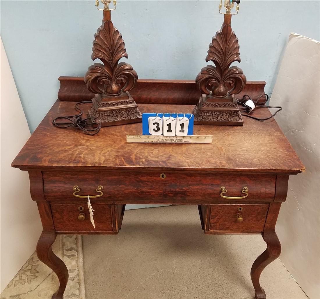 OAK DESK 32 1/2"H X 36"W X 21 "D AND PR LAMPS (1 of 5)