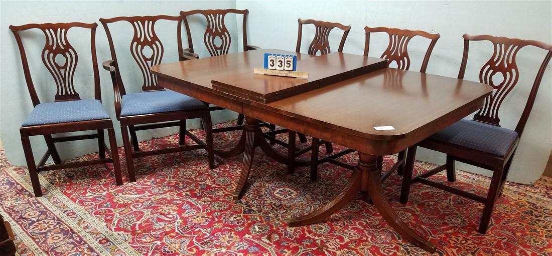 DUNCAN PHYFE STYLE MAHOG DOUBLE PED DINING TABLE W/: DUNCAN PHYFE STYLE MAHOG DOUBLE PED DINING TABLE W/ BAND INLAY, 2 LEAVES AND 6 CHAIRS