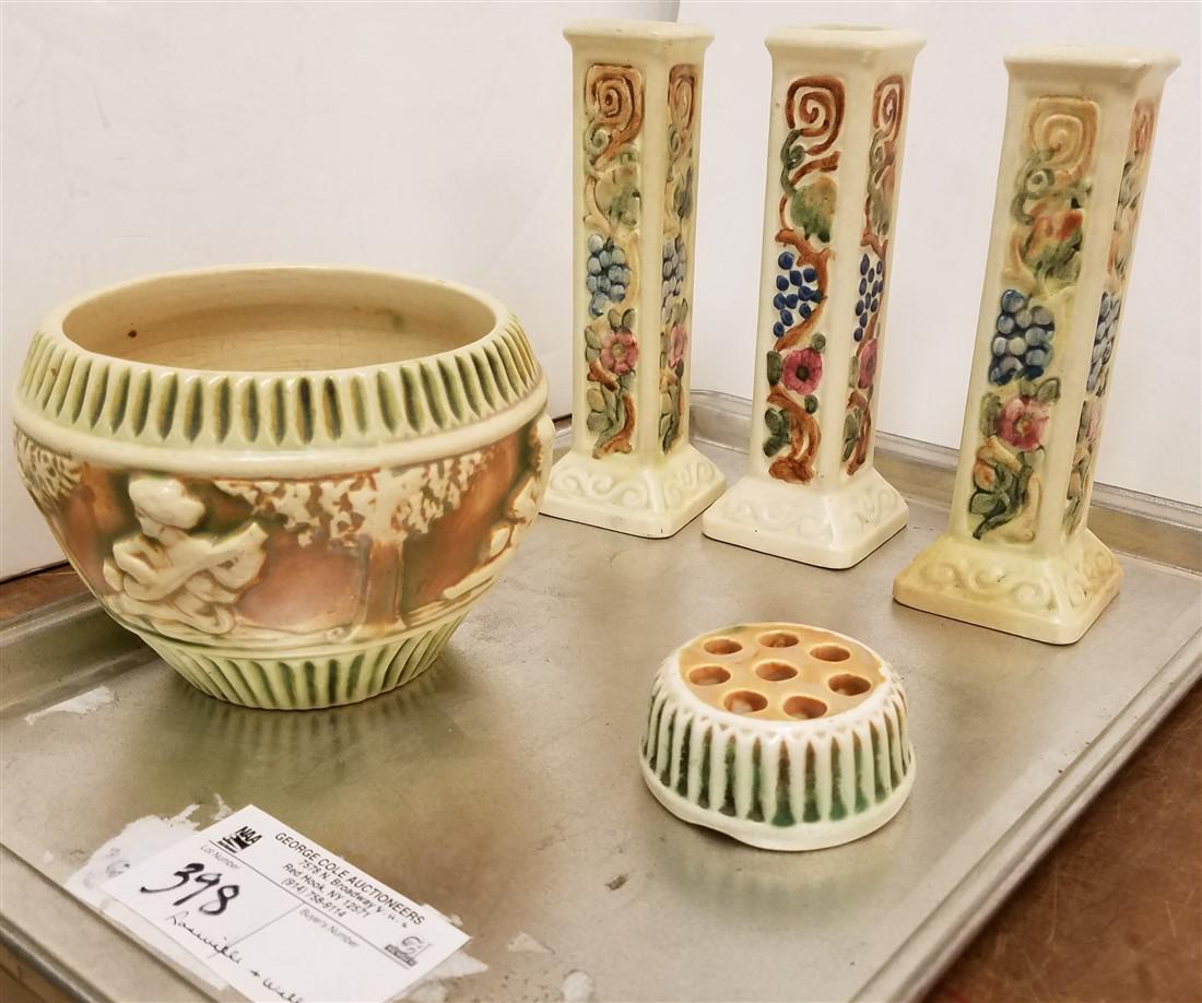 TRAY ROSEVILLE DONATELLO BOWL, FROG AND 3 WELLER VASES (1 of 3)