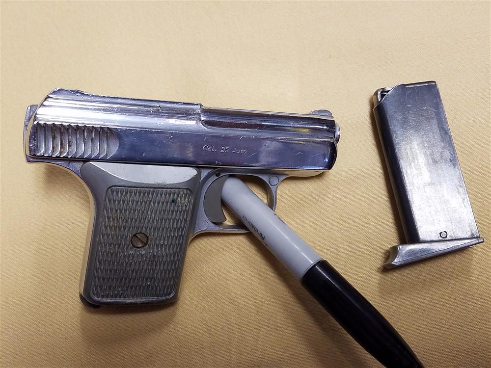 2.25" BBL Semi Auto - Indian Sales Model 4 - .25 Auto: 2.25" BBL Semi Auto - Indian Sales Model 4 - .25 Auto Caliber - Made In Germany - Chrome With Grey Grips & 1 Mag - SN 137693 - Transfer Is Required, Anywhere Outside Of NY Is FFL to FFL Only