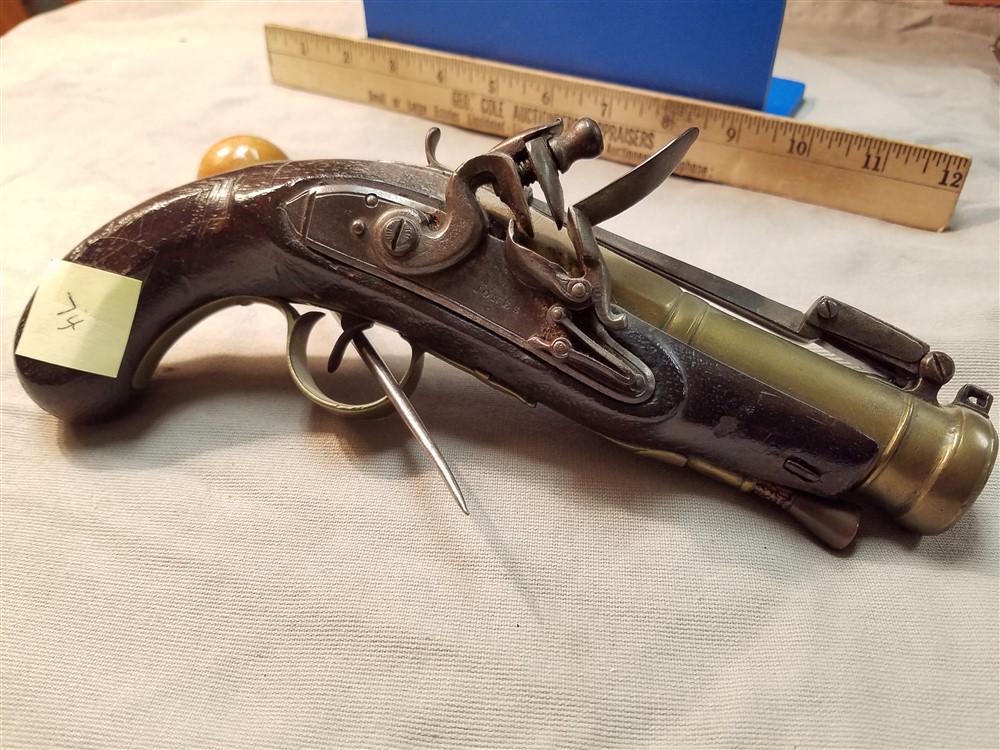 English Brass Barrelled Flintlock Blunderbuss Pistol: English Brass Barrelled Flintlock Blunderbuss Pistol With Spring Bayonet Mrkd Jones On Breech Flat - 1790's early 1800's - Unless You Possess The Supplies To Load And Fire This Firearm, No FFL Transfe