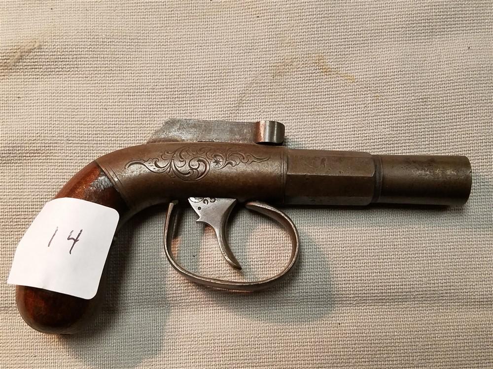 Double Action Single Shot Percussion With Bar Hammer: Double Action Single Shot Percussion With Bar Hammer Half Round Octagon Barrel - Wooden Bag Handle Grips - SN 25 On Trigger & Bbl - Pre-Civil War Era c1850's - Peck note: W. Marston - though I was not