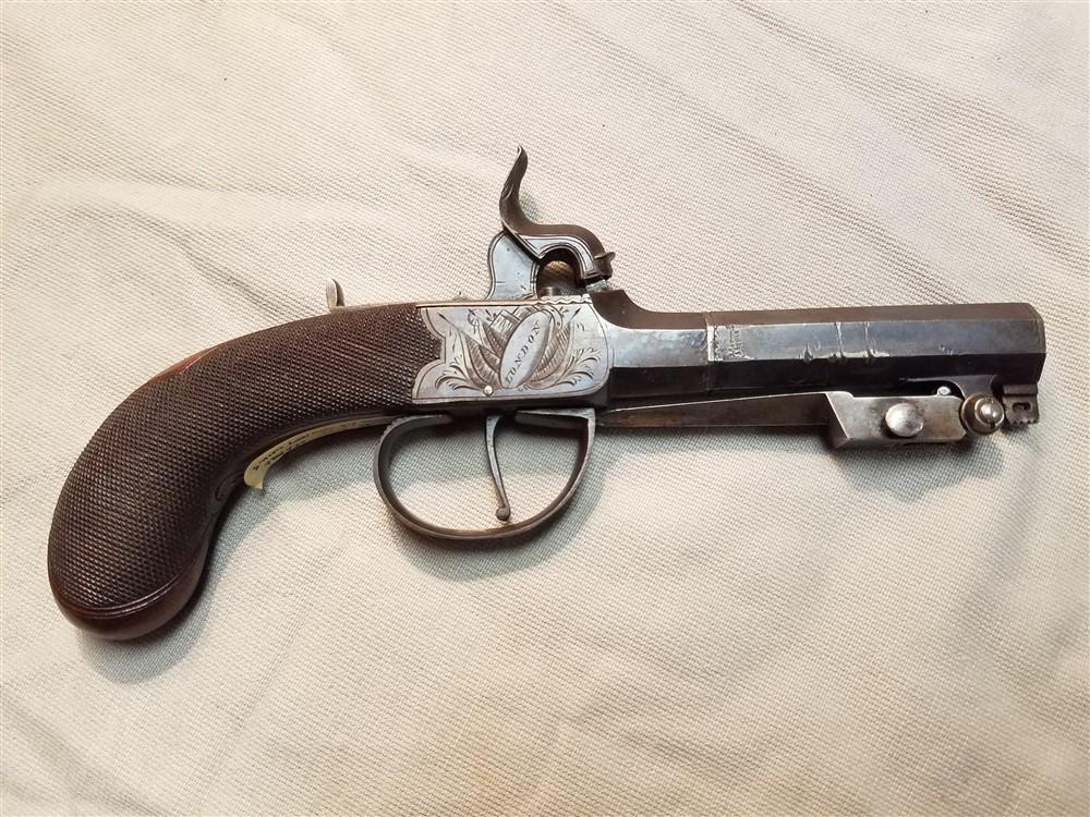 Smith London Center Hammer Pocket Percussion Pistol: Smith London Center Hammer Pocket Percussion Pistol With Spring Bayonet Octagonal Barrel and Finely Checkered Wooden Bag Handle - SN 52 - Unless You Possess The Supplies To Load And Fire This Firearm,