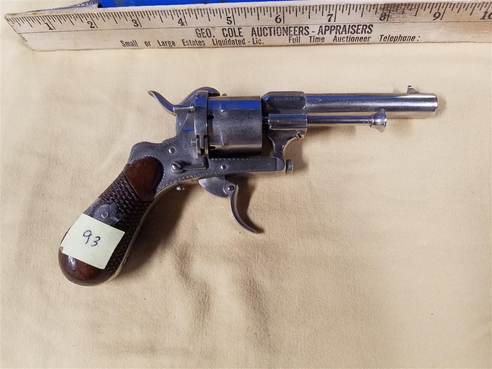 Hermann Jom Hagen - Solingen - 6 Shot Revolver - 7mm: Hermann Jom Hagen - Solingen - 6 Shot Revolver - 7mm Pin Fire - 3 3/8"bbl - Drop Down Trigger, Slide Door To Load, Wood Checker Grip Stock, Push Rod - SN 30 - No FFL Transfer Required