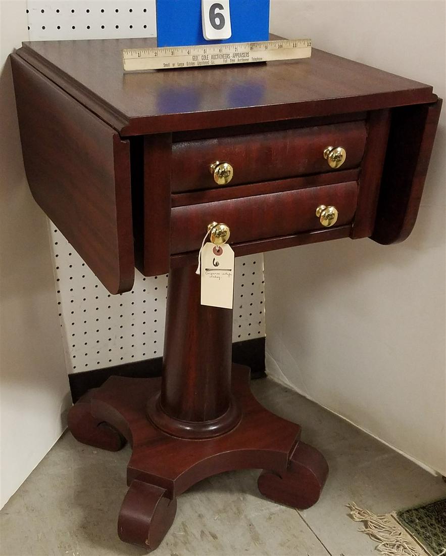 EMPIRE STYLE MAGH. 2 DRAWER DROP LEAF WORK TABLE 30"H: EMPIRE STYLE MAGH. 2 DRAWER DROP LEAF WORK TABLE 30"H X19"WX18"D
