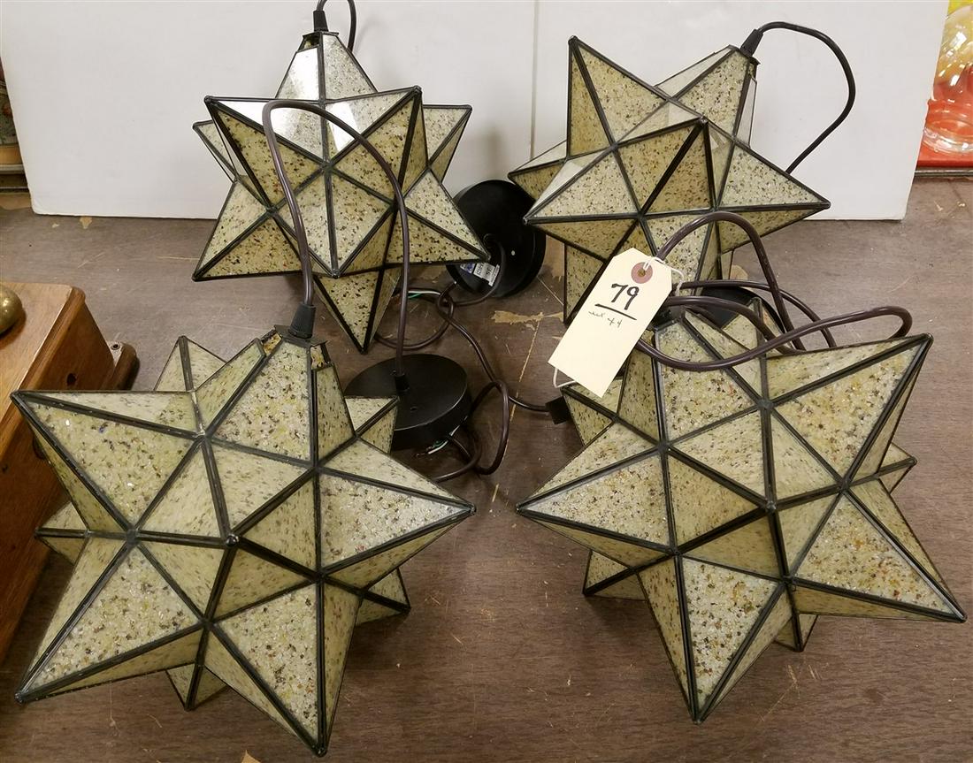 SET 4 LEADED GLASS STAR HANGING LIGHTS: SET 4 LEADED GLASS STAR HANGING LIGHTS