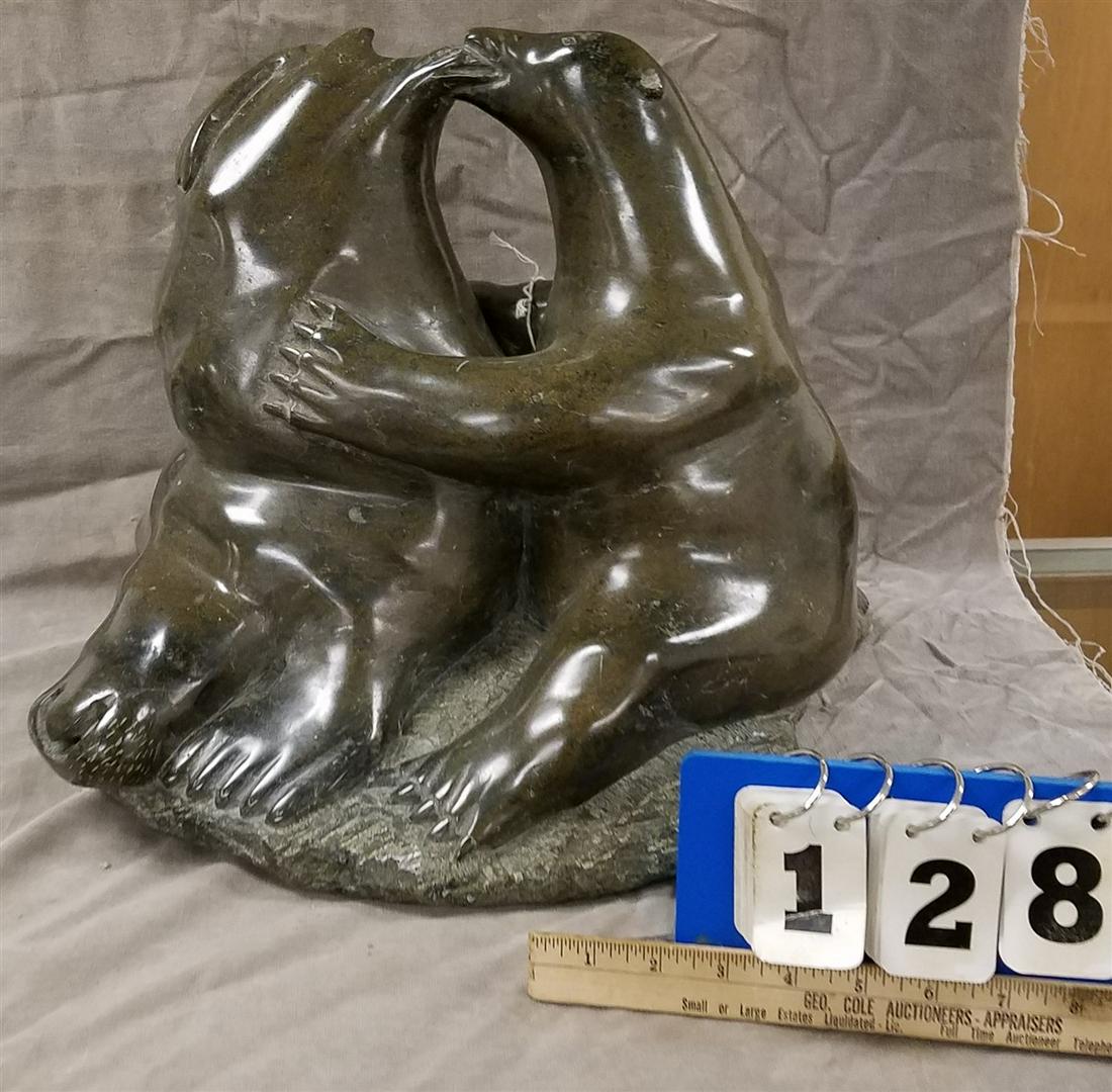 INUIT SOAPSTONE SCULPTURE-POLAR BEAR EATING A SEAL,: INUIT SOAPSTONE SCULPTURE-POLAR BEAR EATING A SEAL, 13.5" X 17"