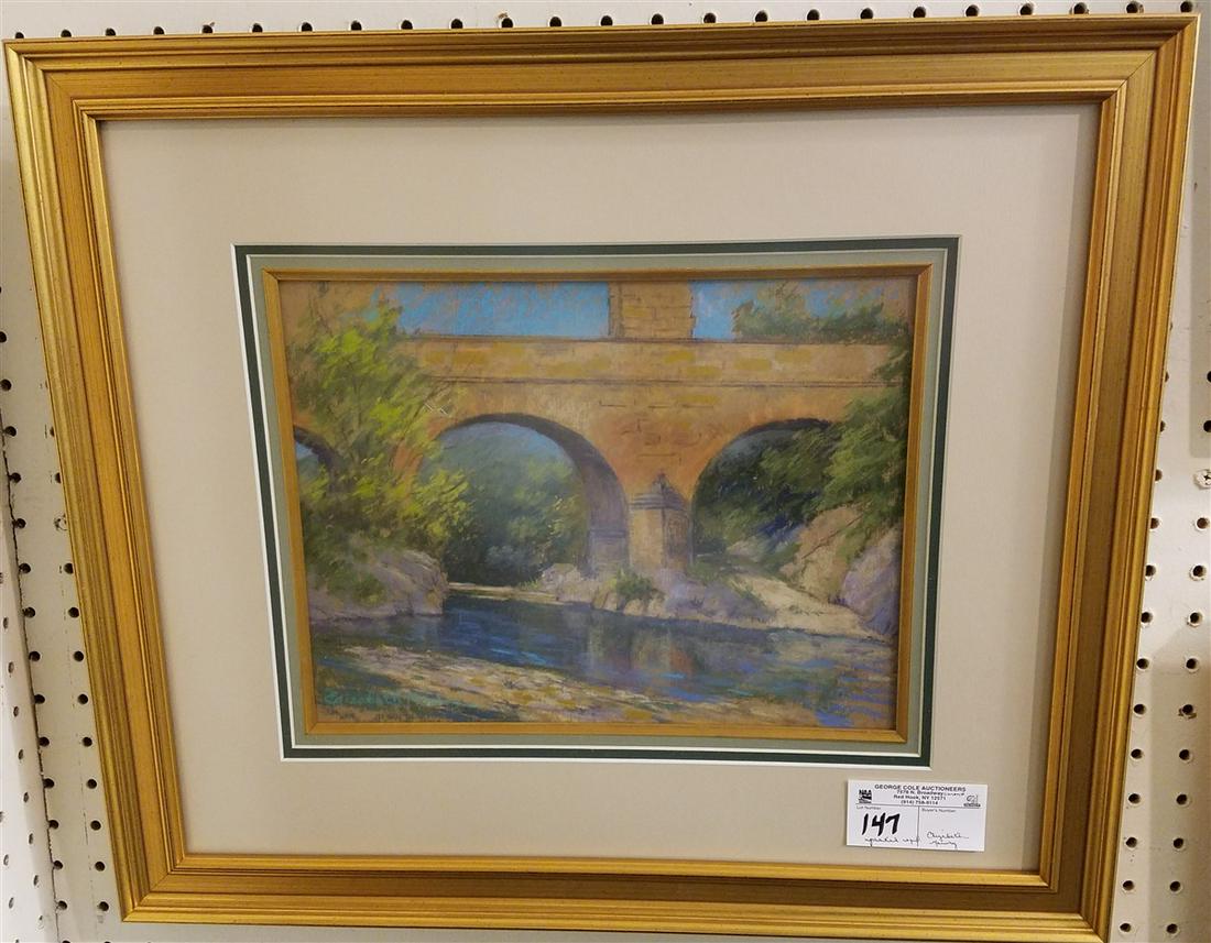 FRAMED PASTEL LANDSCAPE W/ BRIDGE, SGND. ELIZABETH: FRAMED PASTEL LANDSCAPE W/ BRIDGE, SGND. ELIZABETH MOWRY, (KINGSTON NY), 9.25" X 12.5"