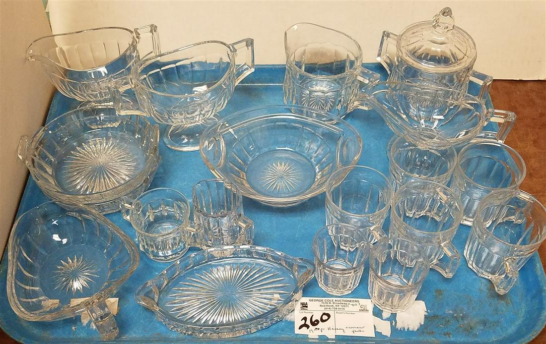 TRAY 19 PC HEISEY NARROW FLUTE- 2 CREAMERS AND SUGARS-: TRAY 19 PC HEISEY NARROW FLUTE- 2 CREAMERS AND SUGARS- 2 OPEN LEMON DISHES, OPEN PRESERVE, 2 SAUCE BOATS, MINI CREAMER/SUGAR, PICKLE DISH, 2 WHISKEY GLASSES, 5 PUNCH CUPS