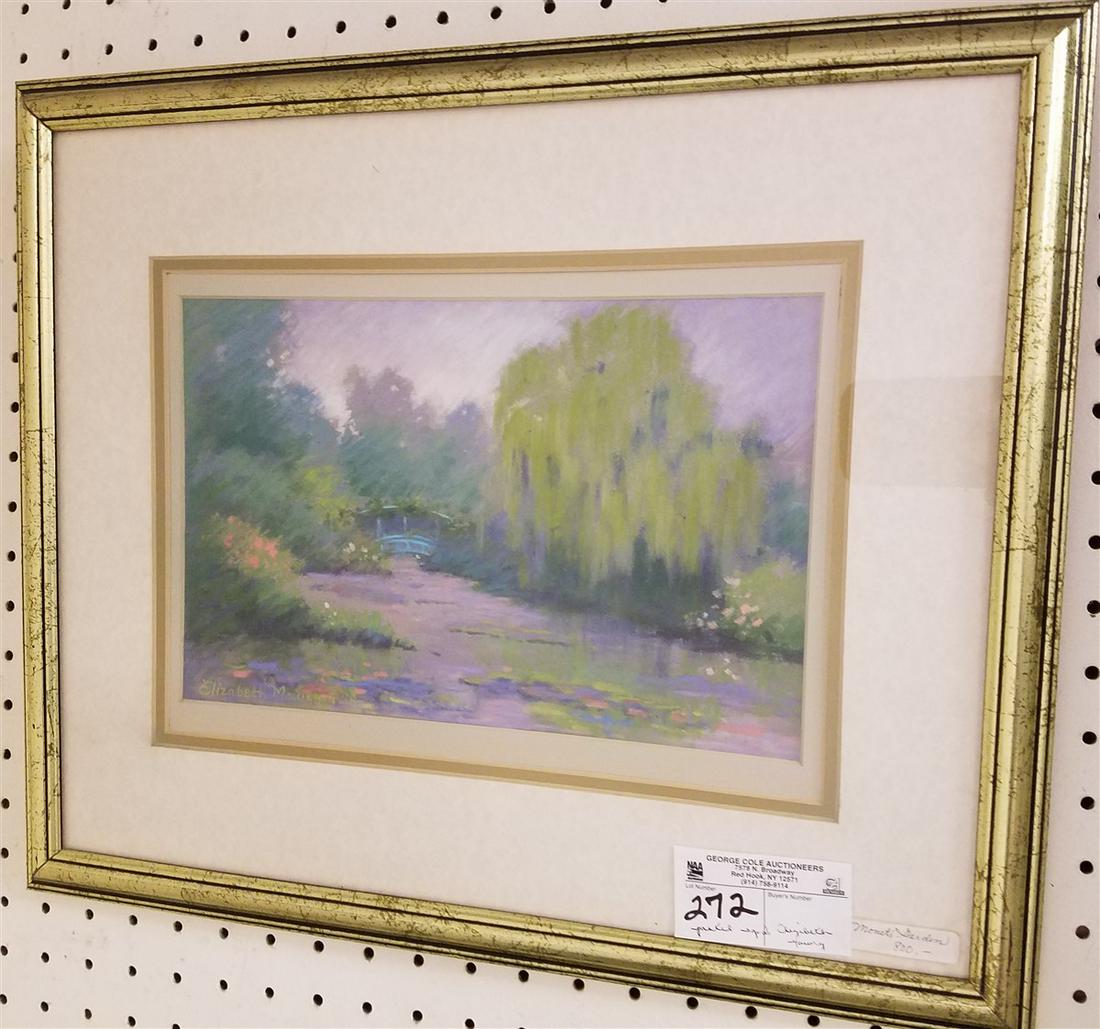 FRAMED PASTEL MONET'S GARDEN, SGND, ELIZABETH MOWRY,: FRAMED PASTEL MONET'S GARDEN, SGND, ELIZABETH MOWRY, 7.5" X 11.5"