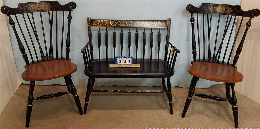NICHOLAS AND STONE EBONIZED AND STENCILED BENCH 35" W/: NICHOLAS AND STONE EBONIZED AND STENCILED BENCH 35" W/ PR WINDSORS