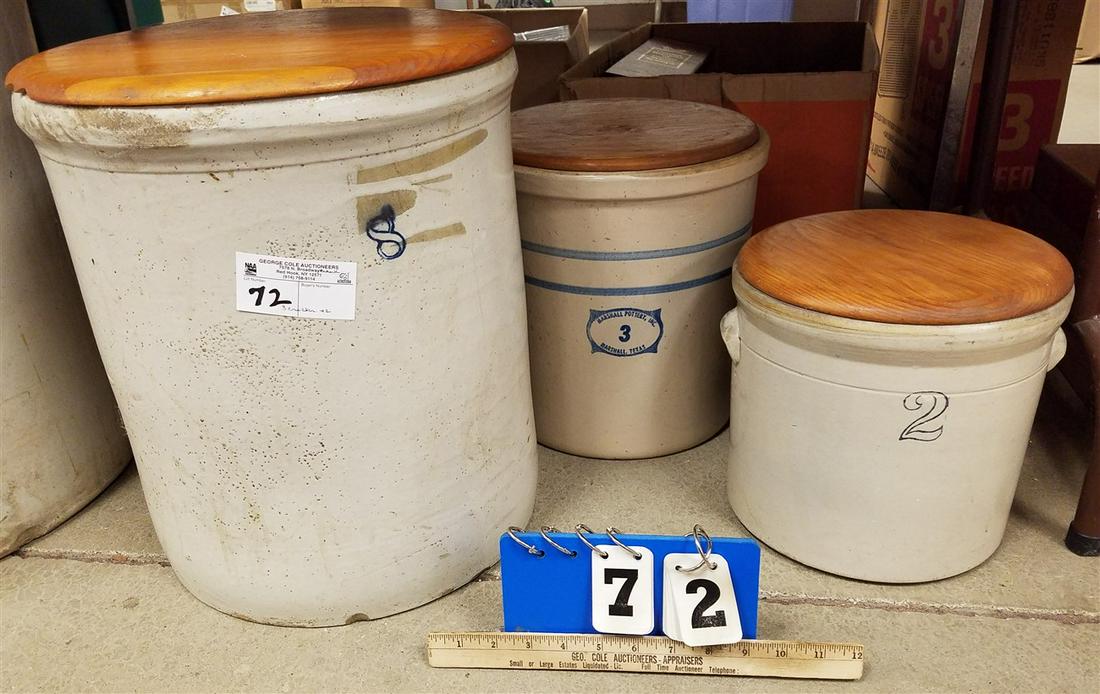 STONEWARE CROCKS, 8. 3, 2 GALLON W/ WOODEN LIDS, + 2: STONEWARE CROCKS, 8. 3, 2 GALLON W/ WOODEN LIDS, + 2 GAL + COVERED JAR