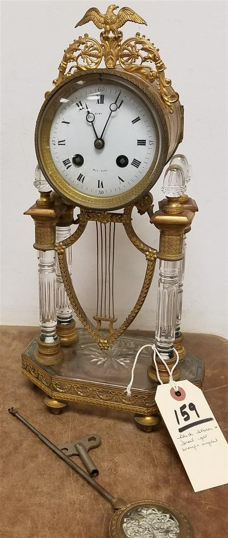 BLACK STARR & FROST GILT BRONZE & CRYSTAL MANTEL CLOCK,: BLACK STARR & FROST GILT BRONZE & CRYSTAL MANTEL CLOCK, 15"H X 7.5"W X 4.25"D