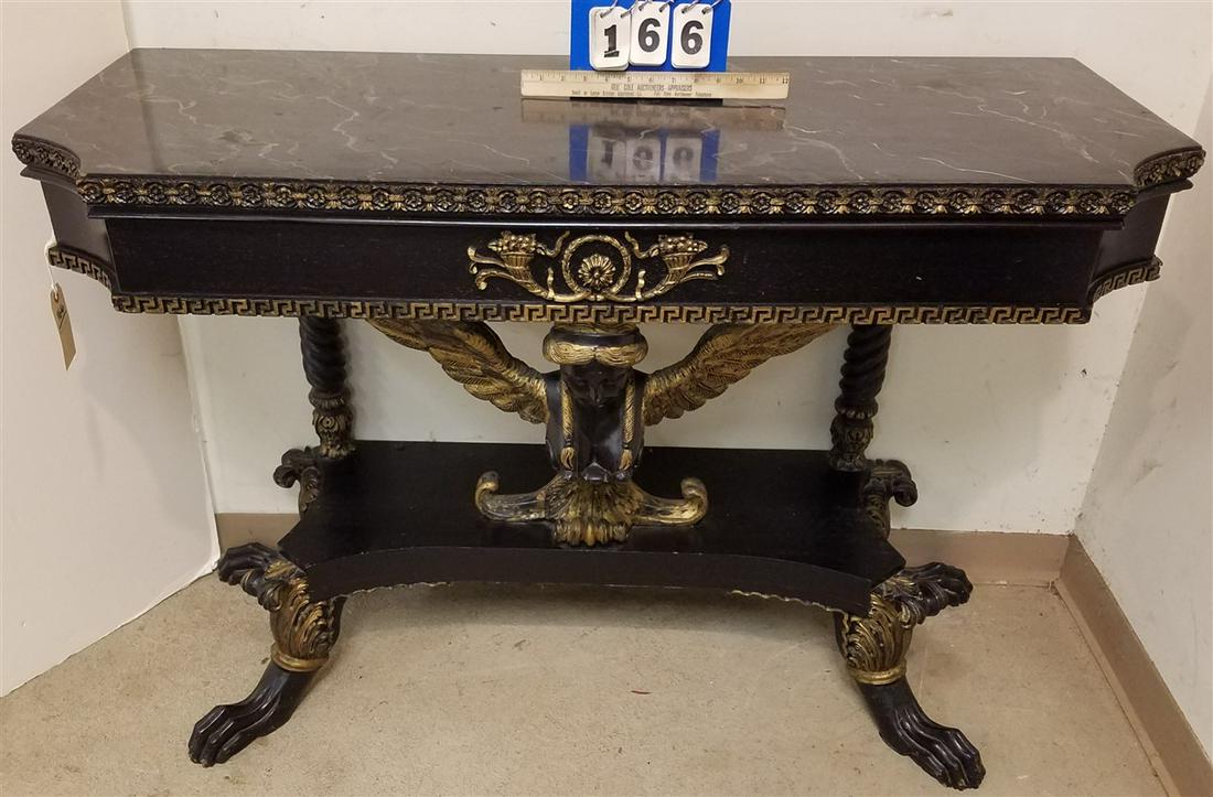 REGENCY STYLE EBONIZED CONSOLE TABLE W/MARBLIZED TOP,: REGENCY STYLE EBONIZED CONSOLE TABLE W/MARBLIZED TOP, 34"H X 48.5"W X 19"D