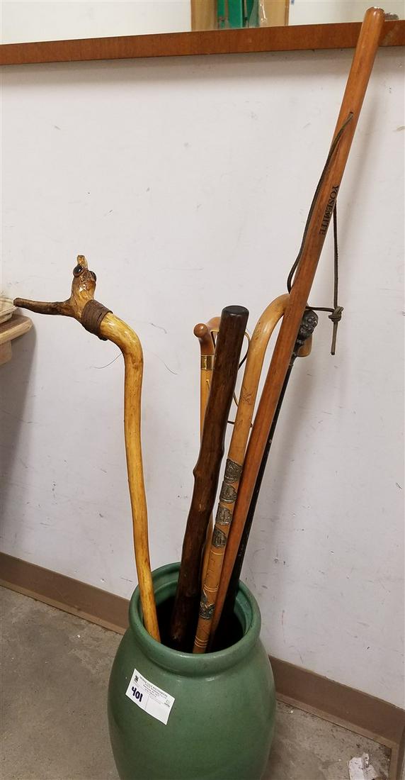 19" H GREEN GLAZE UMBRELLA STAND W/ CANES-YOSIMITE,FOLK: 19" H GREEN GLAZE UMBRELLA STAND W/ CANES-YOSIMITE,FOLK ART, GERMAN ETC.