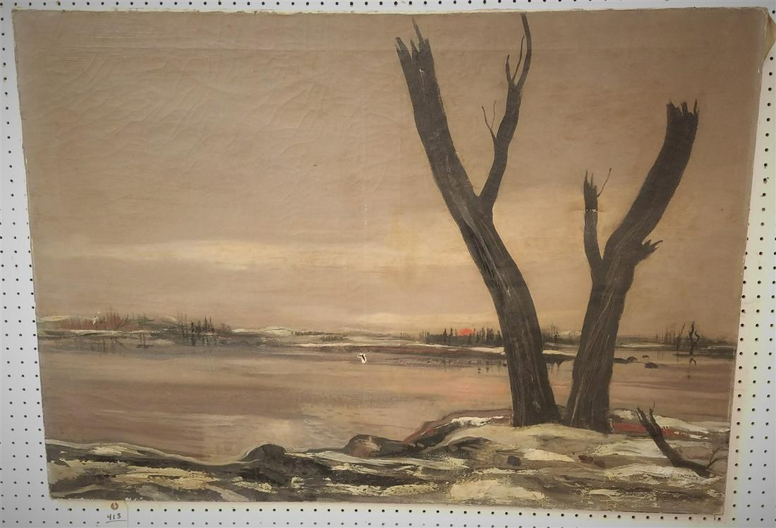 O/C WINTER LANDSCAPE "SIBELIUS" SGND. BERNARD LAMOLTE: O/C WINTER LANDSCAPE "SIBELIUS" SGND. BERNARD LAMOLTE 1941 34"X4'