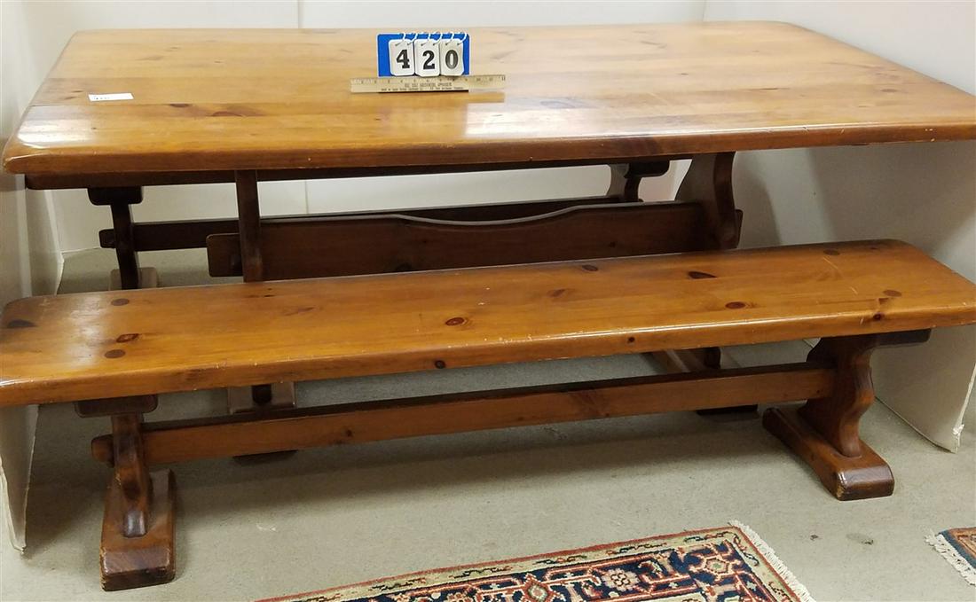 PINE DROP LEAF TRESTLE TABLE 3 W/ PR BENCHES: PINE DROP LEAF TRESTLE TABLE 3 W/ PR BENCHES