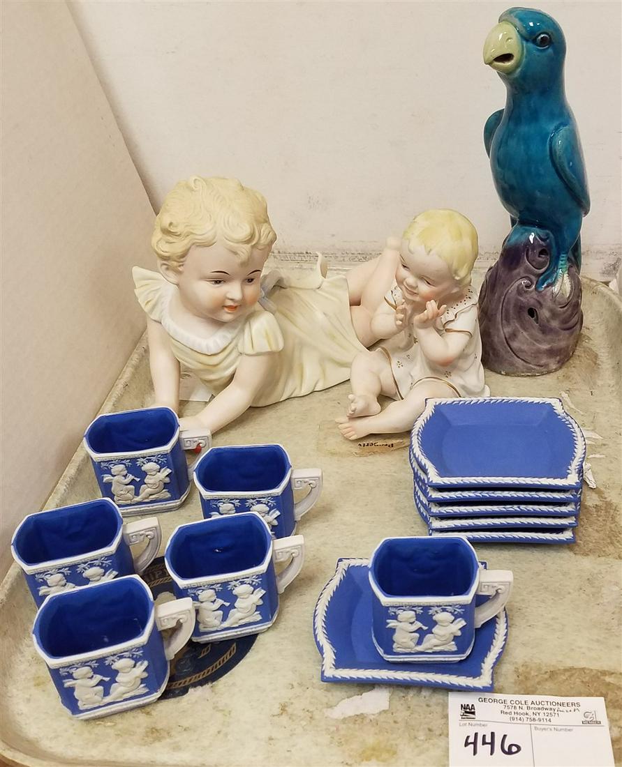TRAY BISQUE DEMITASSE SET, PIANO BABIES ETC: TRAY BISQUE DEMITASSE SET, PIANO BABIES ETC