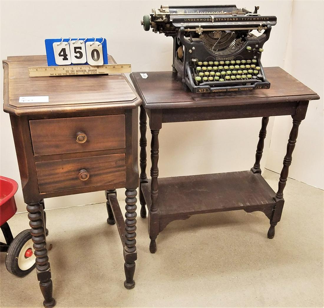 2 DRAWER WALNUT STAND AND 2 TIER STAND AND TYPEWRITER: 2 DRAWER WALNUT STAND AND 2 TIER STAND AND TYPEWRITER
