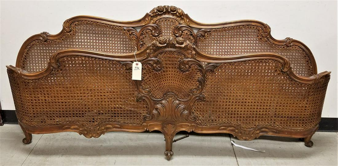 CARVED QUEEN BED W/ WICKER PANELS: CARVED QUEEN BED W/ WICKER PANELS