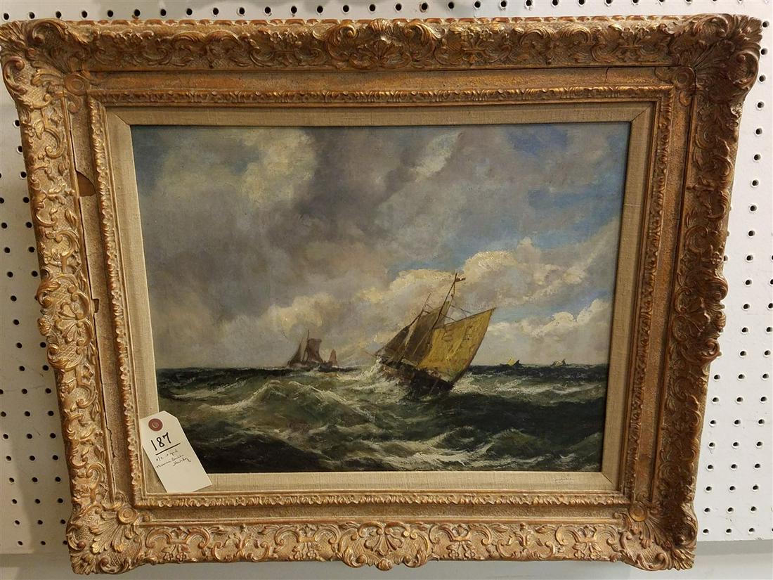 FRAMED O/C "STORMY CHANNEL", SGND. THOMAS BUSH HARDY,: FRAMED O/C "STORMY CHANNEL", SGND. THOMAS BUSH HARDY, 15" X 20"