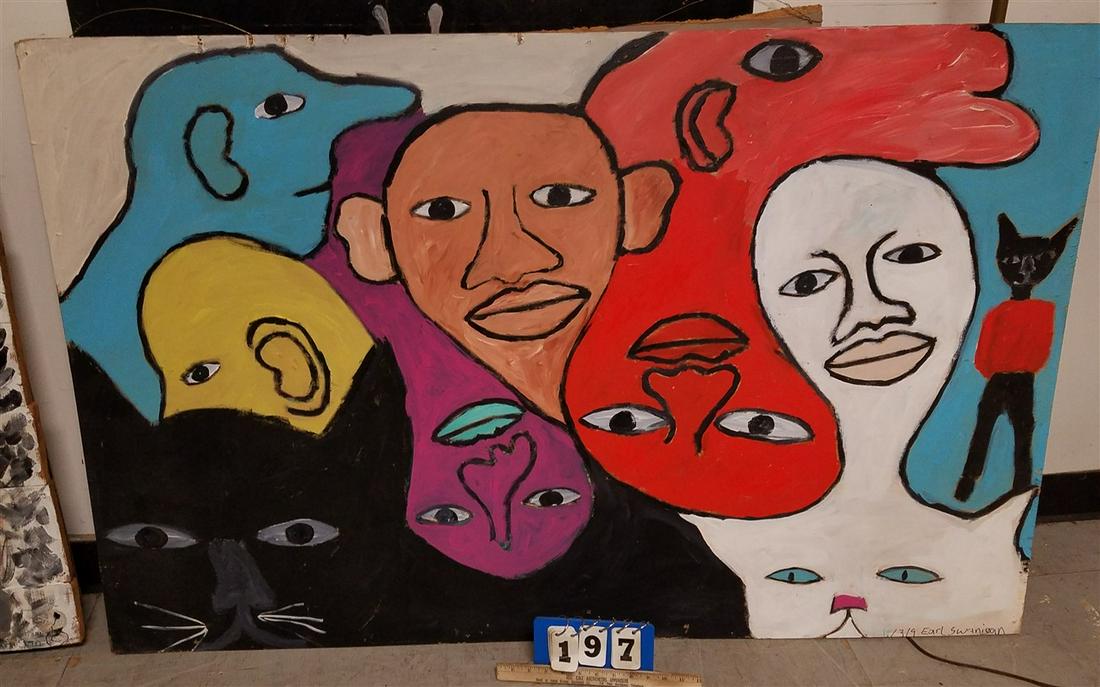O/PANEL "STANDING CAT W/ HEADS", 56.5" X 36", SGND.: O/PANEL "STANDING CAT W/ HEADS", 56.5" X 36", SGND. EARL SWANIGAN, HUDSON OUTSIDER ARTIST