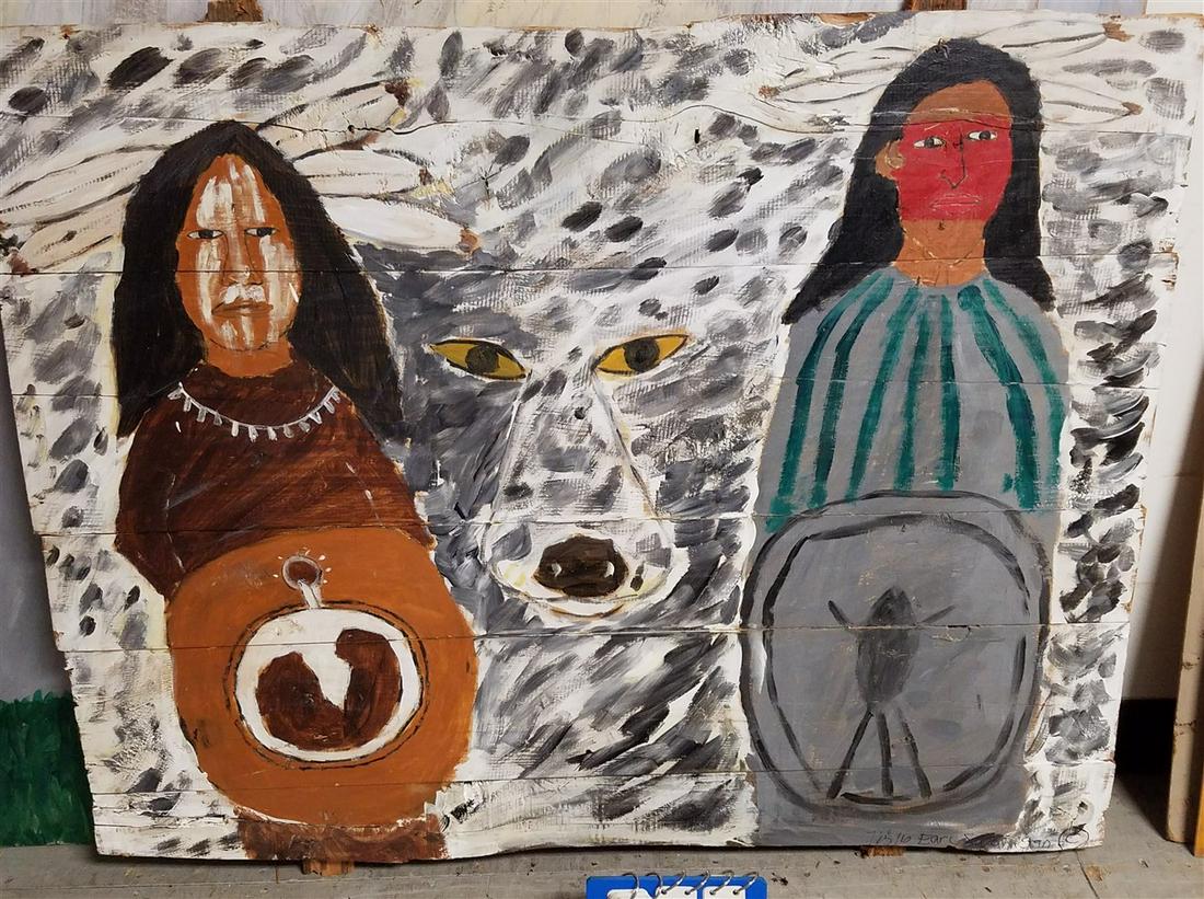 O/PANEL 2 INDIAN WOMEN W/ WOLF, SGND. EARL SWANIGAN,: O/PANEL 2 INDIAN WOMEN W/ WOLF, SGND. EARL SWANIGAN, 34" X 43"