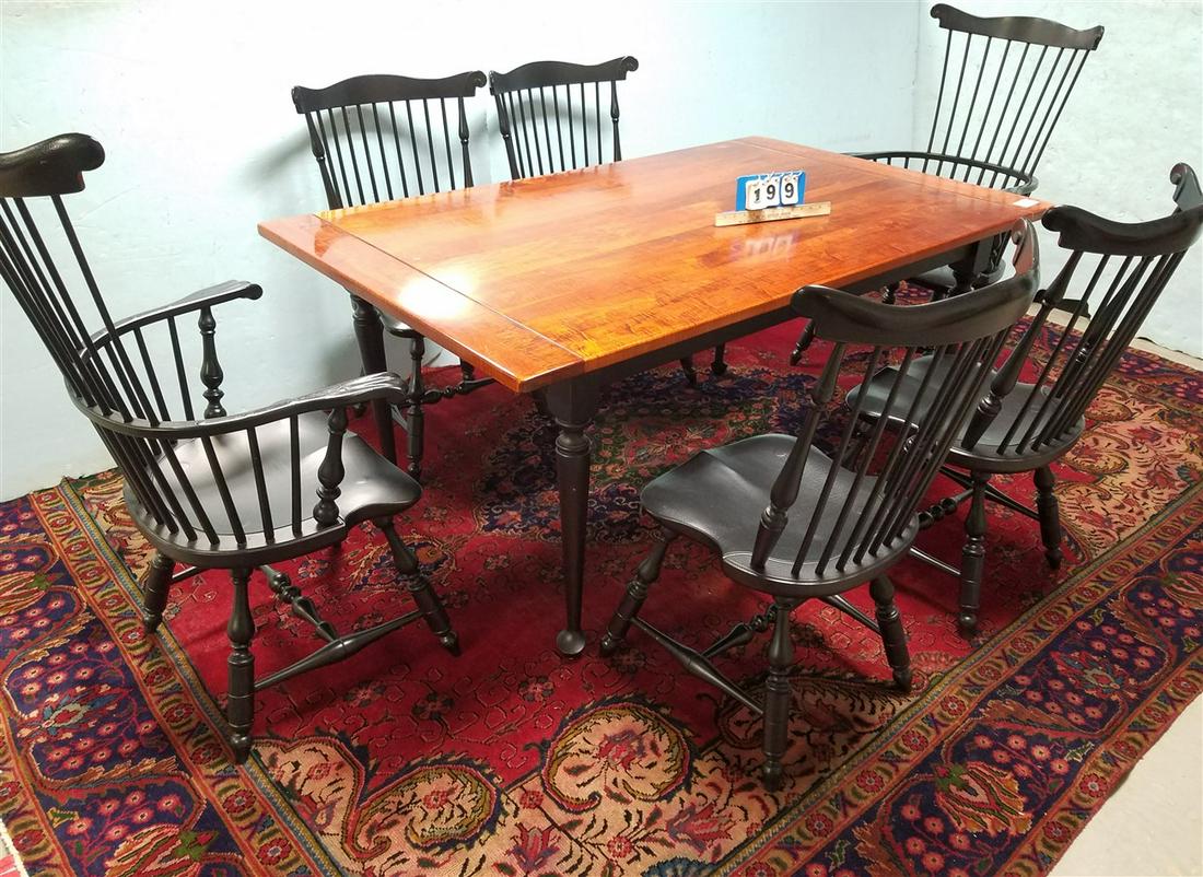 CUSTOM QA STYLE TIGER MAPLE DINING TABLE W/ 6 EBONIZED: CUSTOM QA STYLE TIGER MAPLE DINING TABLE W/ 6 EBONIZED WINDSOR CHAIRS 40.5"W X 67"L
