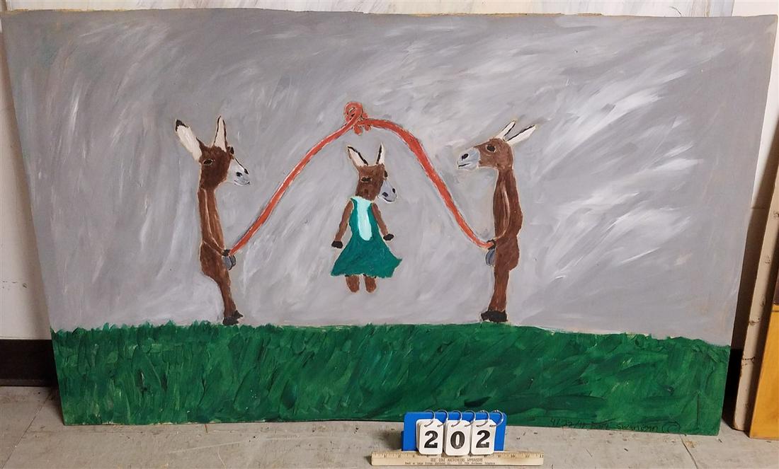 O/PANEL DONKEYS JUMPING ROPE SGND EARL SWANIGAN HUDSON: O/PANEL DONKEYS JUMPING ROPE SGND EARL SWANIGAN HUDSON OUTSIDER ARTIST 28 1/2"H X 4'W