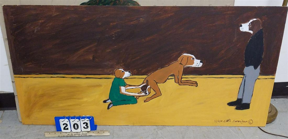 O/PANEL DOG DELIVERY SGND EARL SWANIGAN HUDSON OUTSIDER: O/PANEL DOG DELIVERY SGND EARL SWANIGAN HUDSON OUTSIDER ARTIST 22" X 4'
