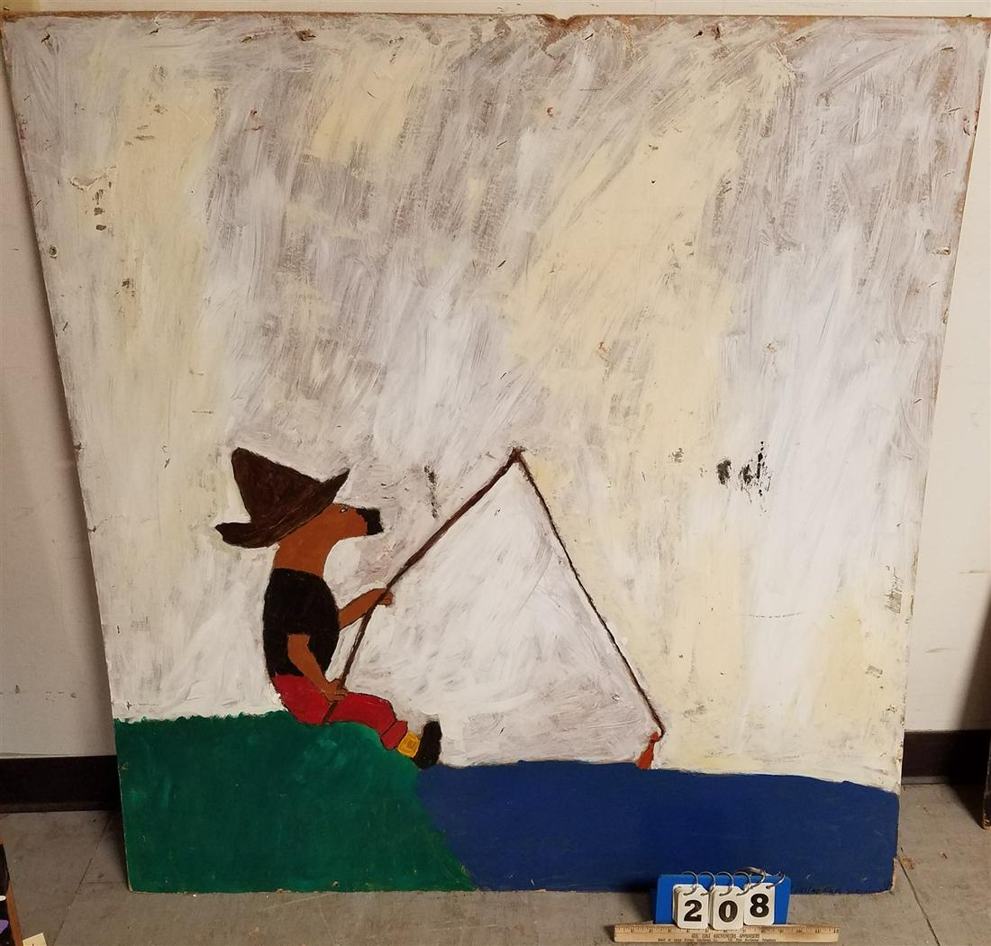 O/ BOARD DOG FISHING SGND EARL SWANIGAN 45 1/2"X 43: O/ BOARD DOG FISHING SGND EARL SWANIGAN 45 1/2"X 43 1/2"