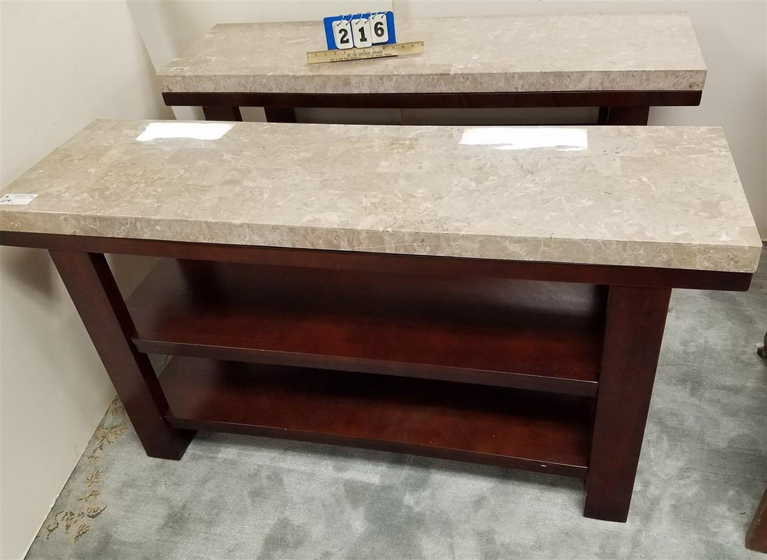 PR CHERRY MARBLE TOP SOFA TABLES 30"H X 54"W X 16"D: PR CHERRY MARBLE TOP SOFA TABLES 30"H X 54"W X 16"D