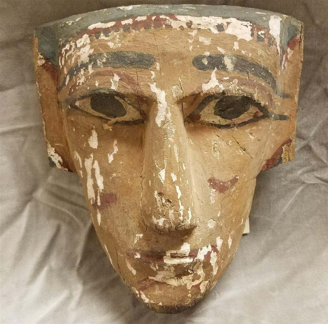 ANCIENT EGYPTIAN POLYCHROMED WOOD FUNERARY MASK: ANCIENT EGYPTIAN POLYCHROMED WOOD FUNERARY MASK C664-332 BC