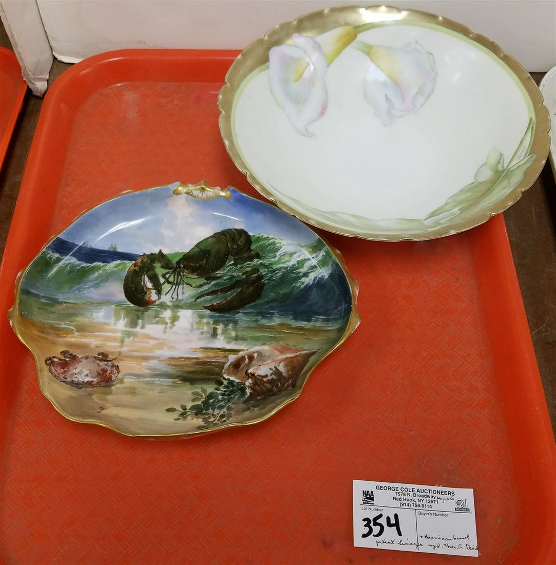 TRAY PATENT HAND ENAMELED LIMOGES LOBSTER MOTIF FOOTED: TRAY PATENT HAND ENAMELED LIMOGES LOBSTER MOTIF FOOTED DISH SGND., THEO. R. DAVID, 9" X 7.5", + BAVARIAN HAND ENAMELED BOWL