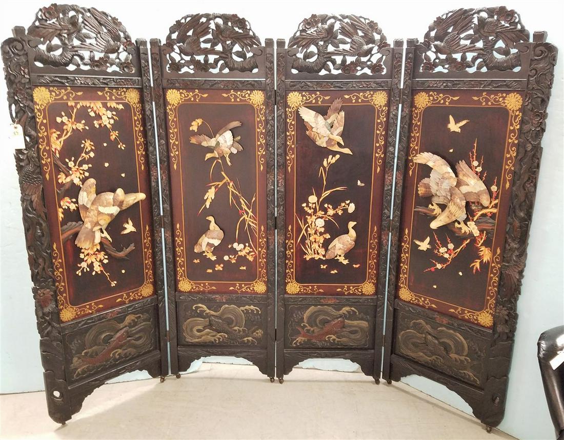ELABORATELY CARVED CHINESE 4 FOLD SCREEN W/ HIGH RELIEF (1 of 9)