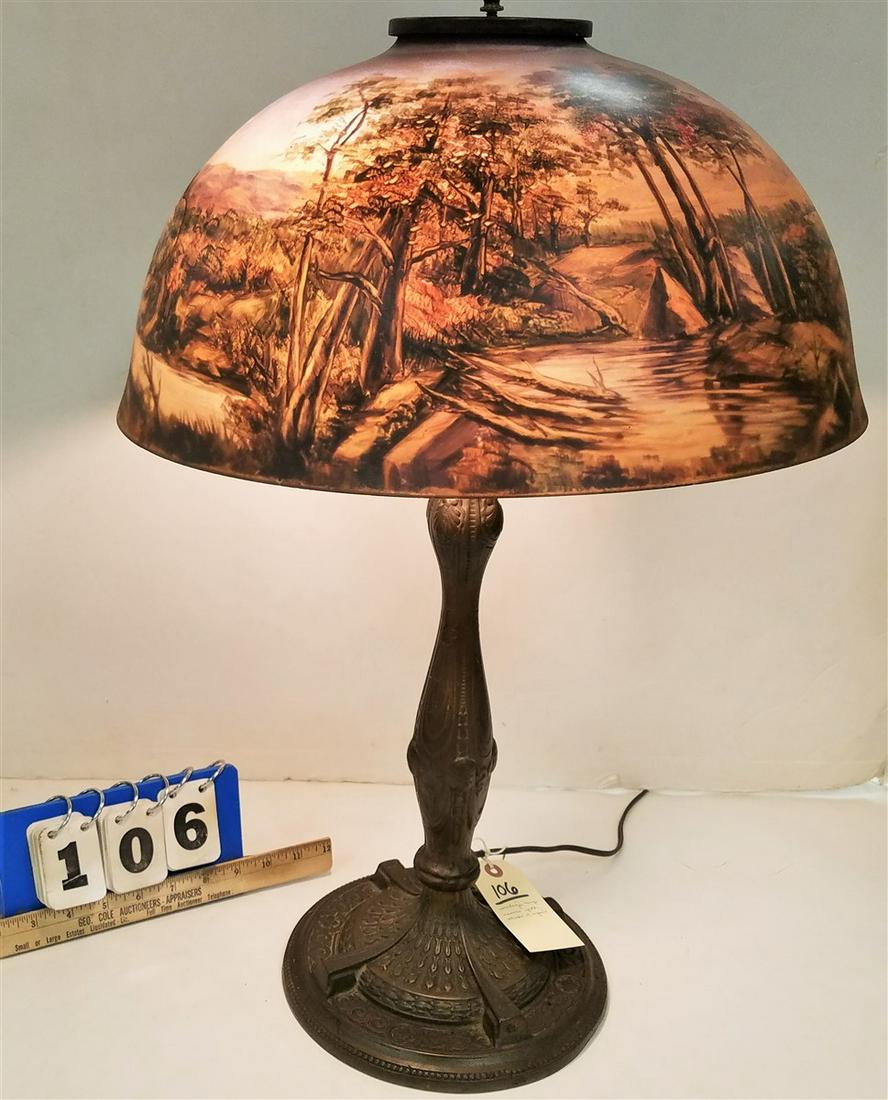 VINTAGE METAL TABLE LAMP W/ REVERSE PTD SHADE-W/ REPAIR (1 of 4)