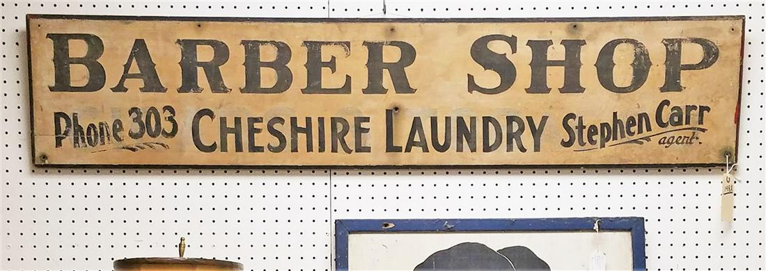 TRADE SIGN BARBER SHOP CHESCHIRE LAUNDRY, STEPHEN CARR: TRADE SIGN BARBER SHOP CHESCHIRE LAUNDRY, STEPHEN CARR AGENT PHONE303 12"X55.5"