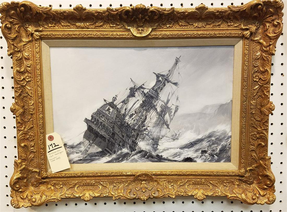 FRAMED O/MASONITE "GALLEON IN DISTRESS", SGND. MONTAGUE: FRAMED O/MASONITE "GALLEON IN DISTRESS", SGND. MONTAGUE DAWSON, 11.75" X 17.75" (1890-1973)