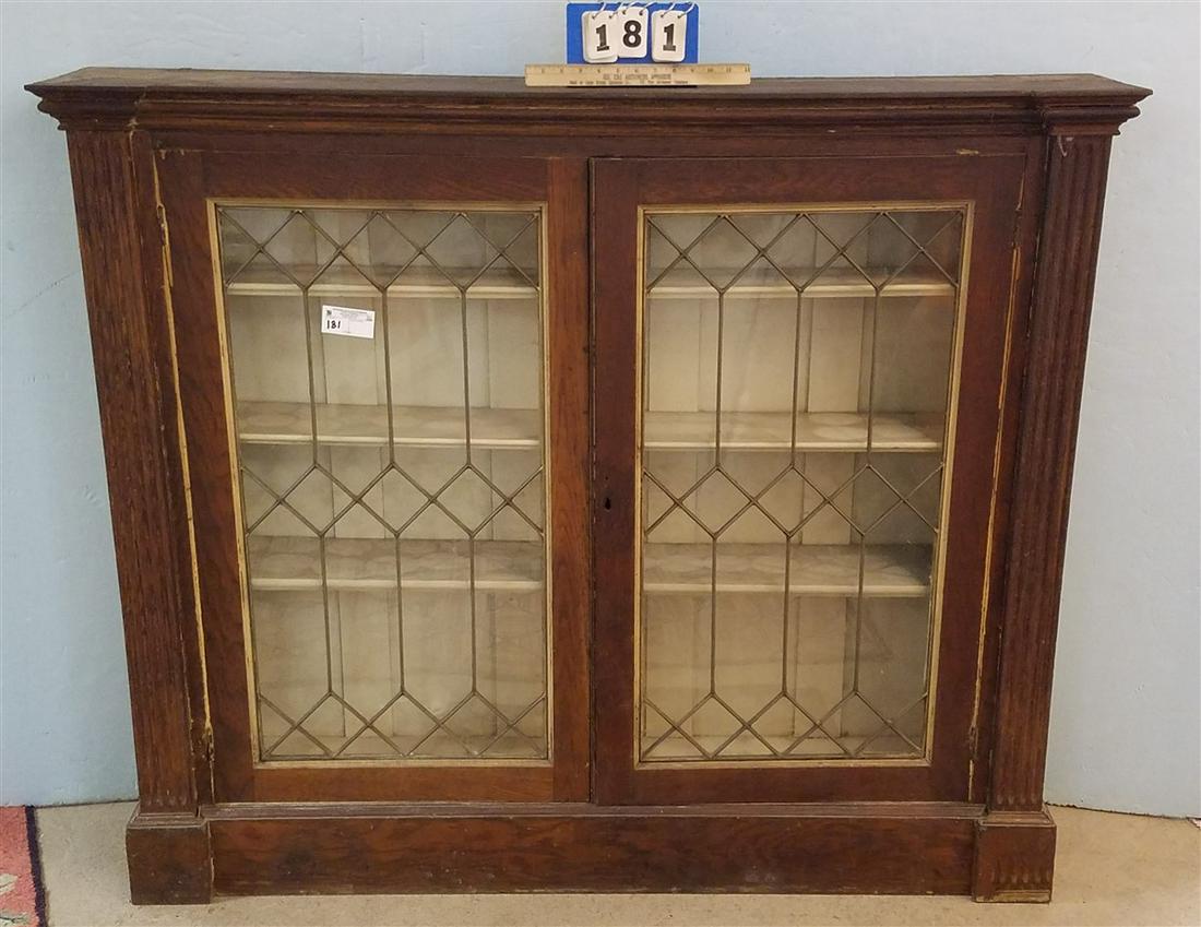 OAK BOOKCASE W/ 2 LEADED GLASS DOORS, 4'H X 57"W X (1 of 1)