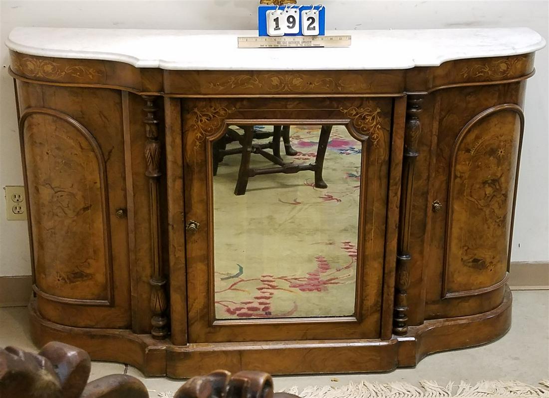 VICT. INLAID BURL WALNUT MARBLE TOP CONSOLE CABINET, (1 of 4)