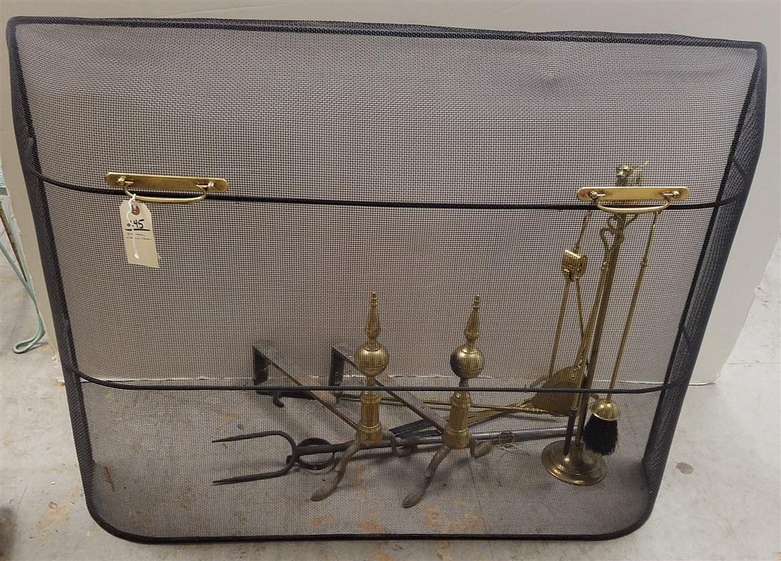 FIRE SCREEN 33.5"H X 44"W, BRASS ANDIRONS, + FIRE TOOLS (1 of 2)