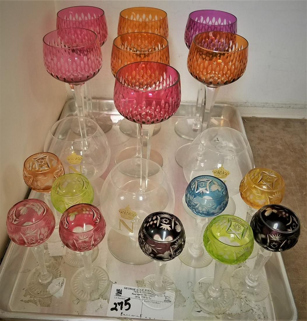 TRAY 7 BACCARAT CUT & COLORED GLASS BOWL WINE GLASSES,: TRAY 7 BACCARAT CUT & COLORED GLASS BOWL WINE GLASSES, 3 BACCARAT SNIFTERS, 9 BOHEMIAN CUT GLASS CORDIALS