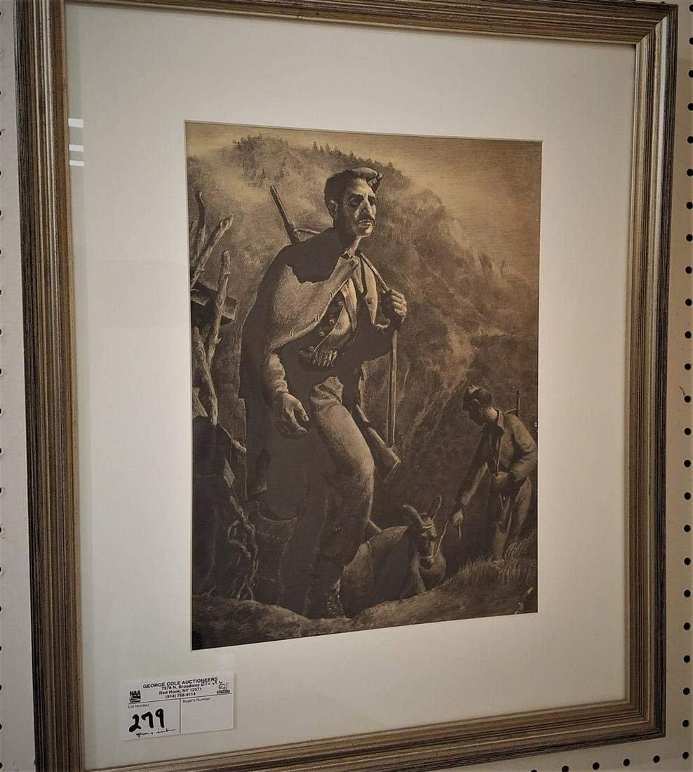 FRAMED PEN & INK SCRATCH ART, MEN W/ MULE 13.5" X 9.5" (1 of 1)