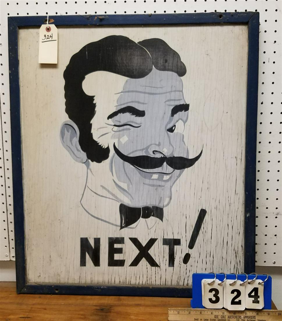 WOODEN BARBER SIGN "NEXT!" 28" X 24 1/2" (1 of 1)